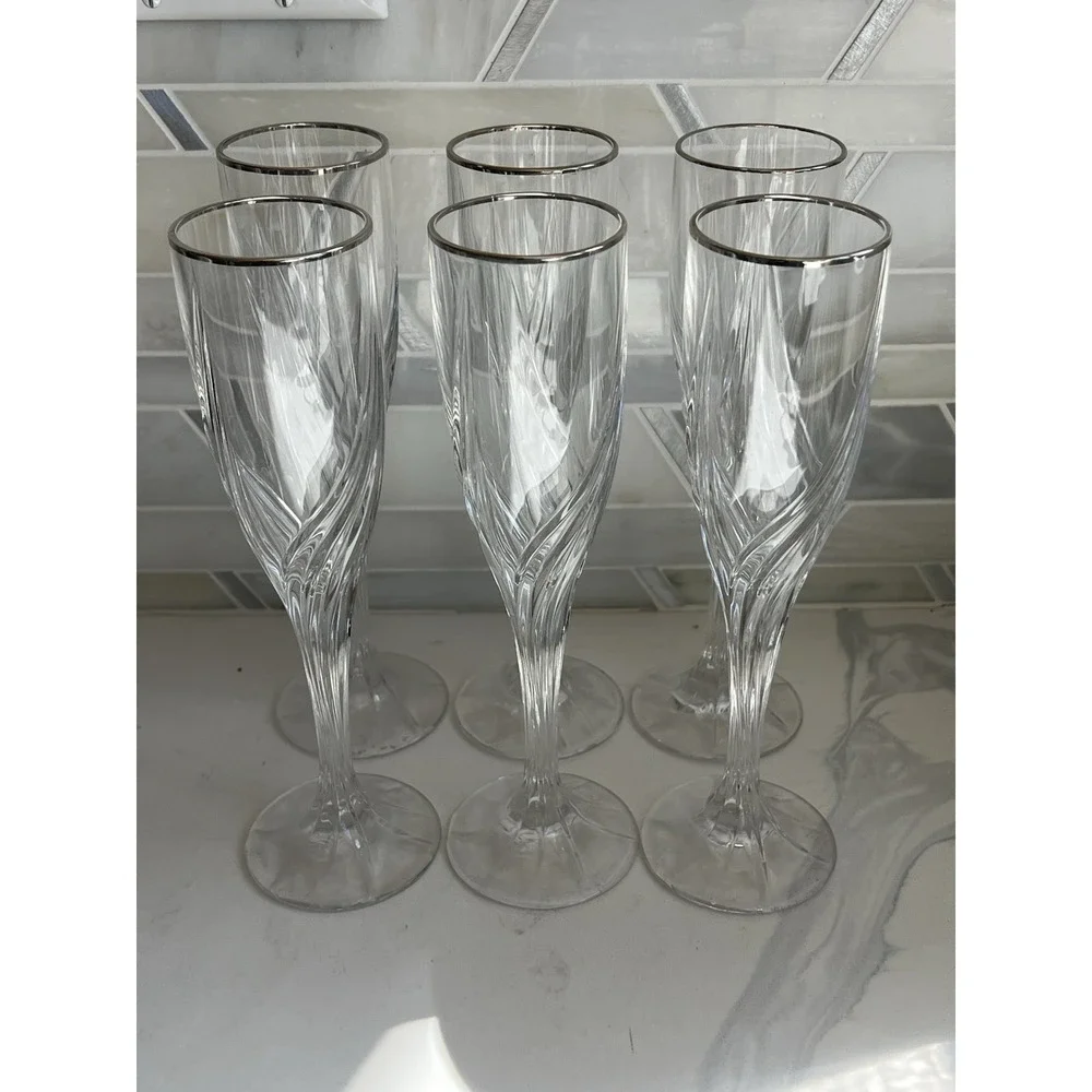 Set of 6 Lenox Cut Crystal DEBUT Platinum Rim Champagne Flute Wine Glass